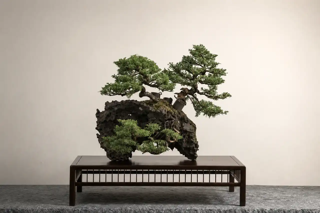 Steinpflanzung mit drei Juniperus chinensis auf einer Felskreation von Josef Rauscher