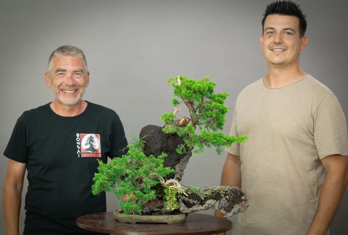 At the Bonsai Kreativ workshop with Yannick Kiggen: Workshop work on a juniper on a rock composition, with a dense crown.