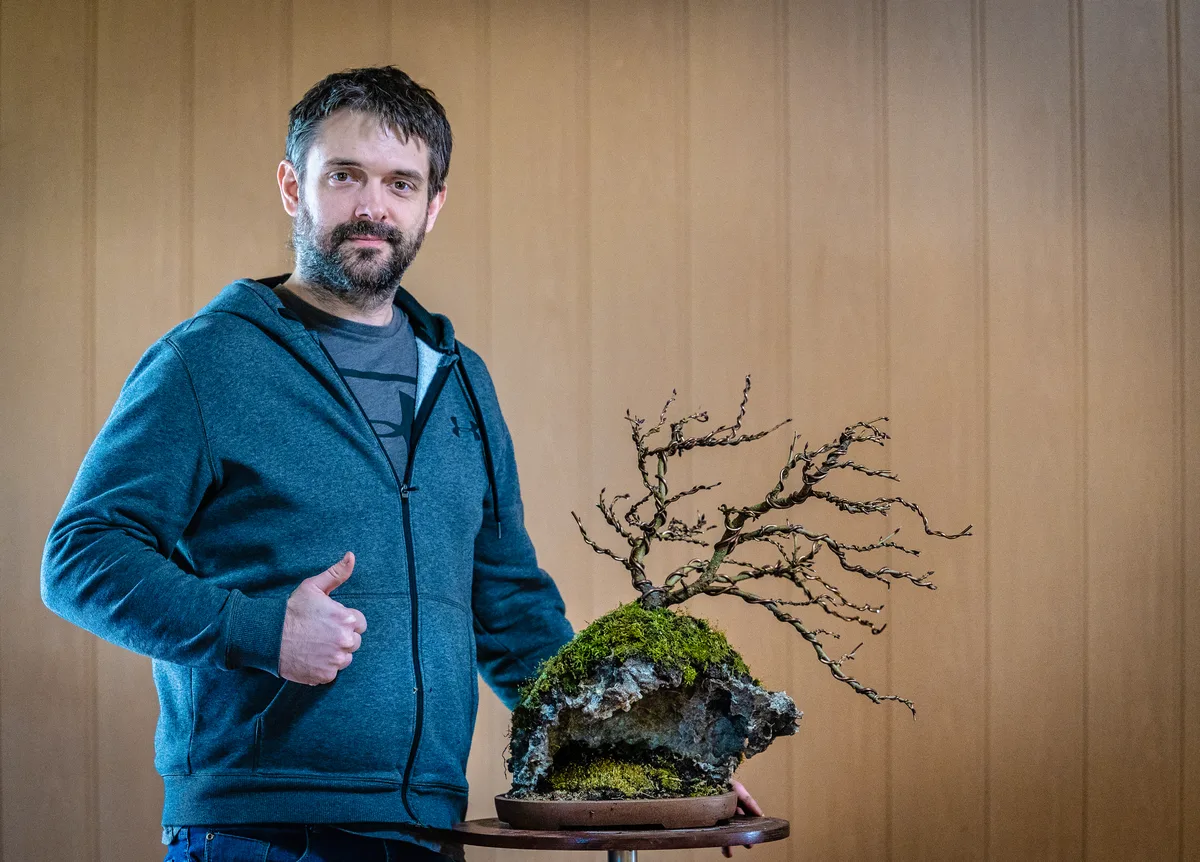 Beim Bonsai-Kreativ-Workshop mit Jan Culek: Bearbeitung eines Laubbaums ohne Laub, auf einer Felsgestaltung.