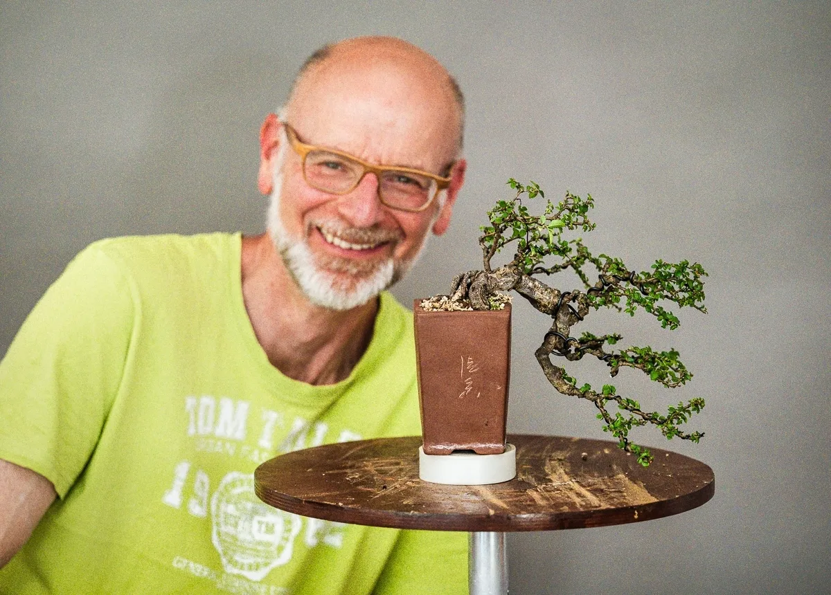 Beim Bonsai-Kreativ-Workshop mit Jan Culek: Bearbeitung eines Laubbaums im kleinen Format, in Kaskadenform.